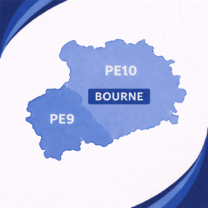map in blue tones showing Bourne in Lincolnshire with postcode areas PE10 and PE9. The two postcode districts are separated by a white internal boundary and outlined with a darker blue outer edge, each labelled in white text. The word “Bourne” appears prominently across the centre of the map. The background features curved layered blue branding elements in the corners, with no surrounding towns or additional geographic detail shown.