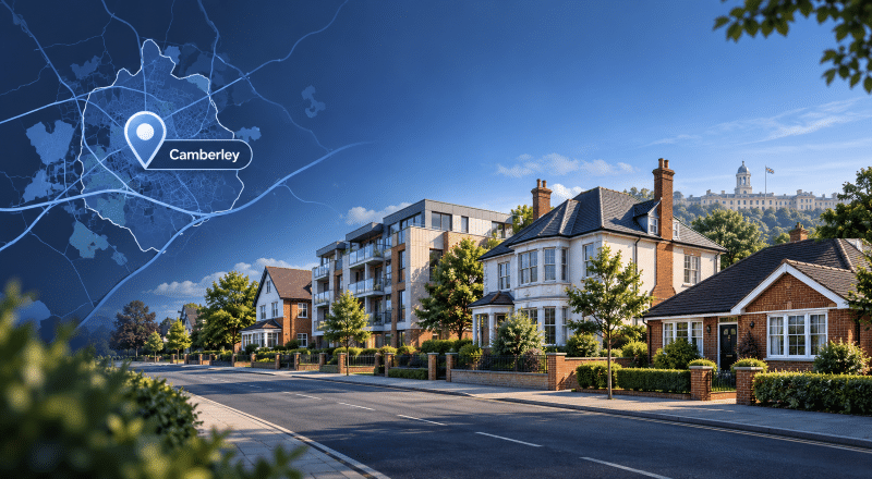 Mortgage Broker in Camberley hero image showing a stylised Camberley map pin beside a Surrey street with houses, flats and a local landmark in the distance.