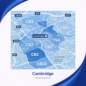 Mortgage Broker in Cambridge A square, blue-themed postcode map of Cambridge in Cambridgeshire, styled with curved branded borders. The map highlights postcode areas including CB1, CB2, CB3, CB5, and CB22. Major roads such as the A14, A428, M11, and A1307 are labelled. Cambridge city centre is marked near the middle, with the River Cam running through the area. The design uses layered blue tones with white text and clean boundary lines for clarity.