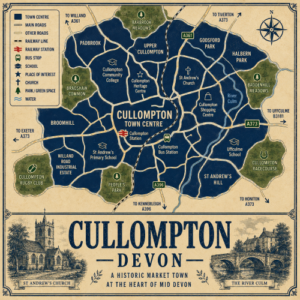Mortgage Broker in Cullompton Vintage illustrated map poster of Cullompton, Devon, with a cream parchment background and dark navy neighbourhood areas centred on Cullompton Town Centre. The map shows labelled roads, railway line, Cullompton Station, bus station, schools, churches, parks, green spaces and the River Culm. Surrounding areas include Padbrook, Upper Cullompton, Godsfard Park, Halbern Park, Broomhill, Willand Road Industrial Estate, St Andrew’s Hill and Bradshaw Common. Key landmarks include St Andrew’s Church, Cullompton Heritage Centre, Cullompton Community College, St Andrew’s Primary School, Uffculme School, People’s Park, Barbrook Meadows, Baddehill Meadows, Cullompton Rugby Club and Cullompton Racecourse. A decorative lower panel reads “CULLOMPTON, DEVON” with engraved-style illustrations of St Andrew’s Church and the River Culm, plus the subtitle “A historic market town at the heart of Mid Devon.”