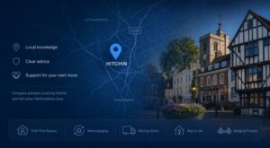 Mortgage Broker in Hitchin hero image featuring a Hitchin location map, local landmark architecture and mortgage service icons in Connect Experts blue branding.