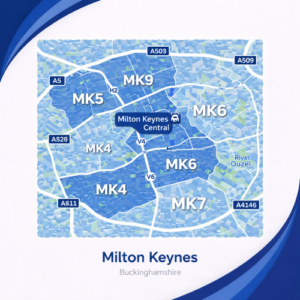 A square, blue-themed postcode map of Milton Keynes in Buckinghamshire, styled with curved branded borders. The map highlights postcode areas including MK1, MK2, MK4, MK5, MK6, MK7, and MK9. Major roads such as the A5, A421, A509, and A503 are labelled. Milton Keynes Central station is marked near the middle, with the River Ouzel running through the eastern side. The design uses layered blue tones with white text and clean boundary lines for clarity.