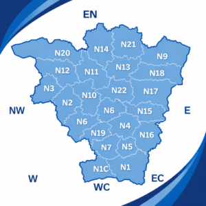 map graphic in blue branded colours showing the Greater London area divided into postcode regions labelled N1 to N22 and N1C. Each region is filled in light blue with white internal borders and darker blue outer borders. Region labels appear in bold white text. Surrounding compass-style labels EN, NW, W, WC, EC and E are shown around the map. The background features curved layered blue shapes in the corners for branding.