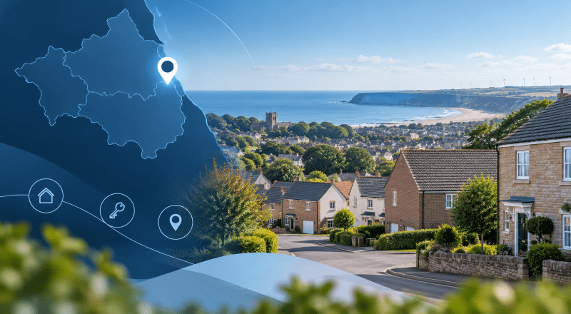 Mortgage Broker in Peterlee location map with residential homes and County Durham coastal landscape.