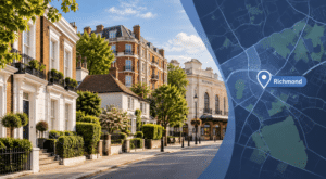 Mortgage Broker in Richmond, Surrey, with local residential streets, Richmond Theatre, and a map location marker for Richmond.