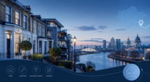 Mortgage Broker in South East London with local homes, the River Thames, Greenwich and Canary Wharf skyline.