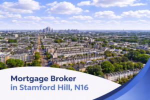 Mortgage broker in Stamford Hill, N16 promotional banner featuring a bright summer aerial view of residential streets, tree-lined roads, and the distant London skyline under realistic scattered clouds, with a curved blue and white graphic overlay at the bottom.