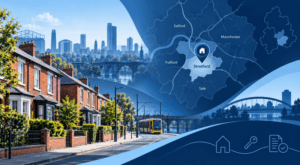 Mortgage Broker in Stretford with local homes, Metrolink tram and Greater Manchester location map.