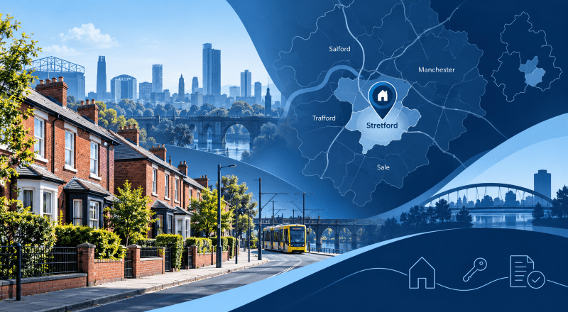 Mortgage Broker in Stretford with local homes, Metrolink tram and Greater Manchester location map.