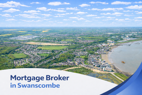 A bright summer aerial view of Swanscombe showing residential neighbourhoods, green countryside and the River Thames shoreline under a blue sky with scattered clouds. A curved white and blue banner at the bottom displays the text “Mortgage Broker in Swanscombe”.