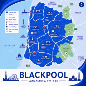 Mortgage Broker in Blackpool A square, blue-themed postcode map of Blackpool in Lancashire, styled with curved branded borders. The map highlights postcode areas FY1, FY2, FY3, FY4, FY5, and FY6. Major roads such as the A583, A587, A586, and A5099 are labelled. Blackpool town centre (FY1) is marked near the middle, with Blackpool North and Blackpool South stations indicated. Coastal landmarks including North Pier, Central Pier, South Pier, Blackpool Tower, and the promenade are shown along the Irish Sea. Nearby areas such as Bispham, Marton, and South Shore are labelled. Green spaces including Stanley Park, Blackpool Zoo, and Marton Mere Nature Reserve are shown in green. The design uses layered blue tones with white text and clean boundary lines for clarity.
