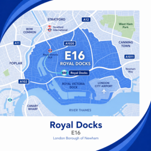 Mortgage Broker in Royal Docks A square, blue-themed postcode map of Royal Docks in London, styled with curved branded borders. The map highlights postcode area E16. Major roads such as the A12, A1020, A13, and A1011 are labelled. Royal Docks is marked near the centre, with Royal Victoria Dock and London City Airport shown to the south, and the River Thames running along the bottom edge. Nearby areas such as Stratford, Canning Town, and Canary Wharf are also labelled. The design uses layered blue tones with white text and clean boundary lines for clarity.