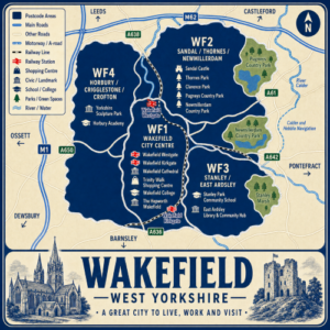 Mortgage Broker in Wakefield Illustrated blue and cream vintage-style map poster of Wakefield, West Yorkshire, showing postcode areas including WF1 Wakefield City Centre, WF2 Sandal, Thornes and Newmillerdam, WF3 Stanley and East Ardsley, and WF4 Horbury, Crigglestone and Crofton. The map includes the M1, M62, A61, A638, A642 and A650, railway lines, Wakefield Westgate and Wakefield Kirkgate stations, the River Calder, Calder and Hebble Navigation, parks and country parks, and landmarks including Wakefield Cathedral, Trinity Walk Shopping Centre, Wakefield College, The Hepworth Wakefield, Sandal Castle, Thornes Park, Pugneys Country Park and Newmillerdam Country Park. A large title panel at the bottom reads “WAKEFIELD WEST YORKSHIRE” with decorative illustrations of Wakefield Cathedral and Sandal Castle.
