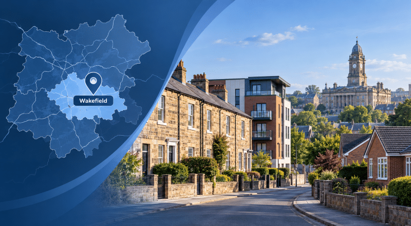 Mortgage Broker in Wakefield hero image featuring a Wakefield location map and pin, local residential properties and a recognisable Wakefield civic landmark.