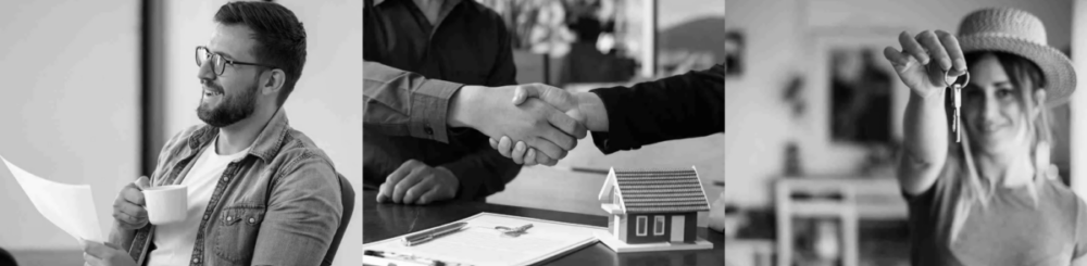 All Sorted Mortgages Black and white mortgage advice collage showing a client reviewing documents, a handshake beside a model house, and a homeowner holding keys. All Sorted Mortgages