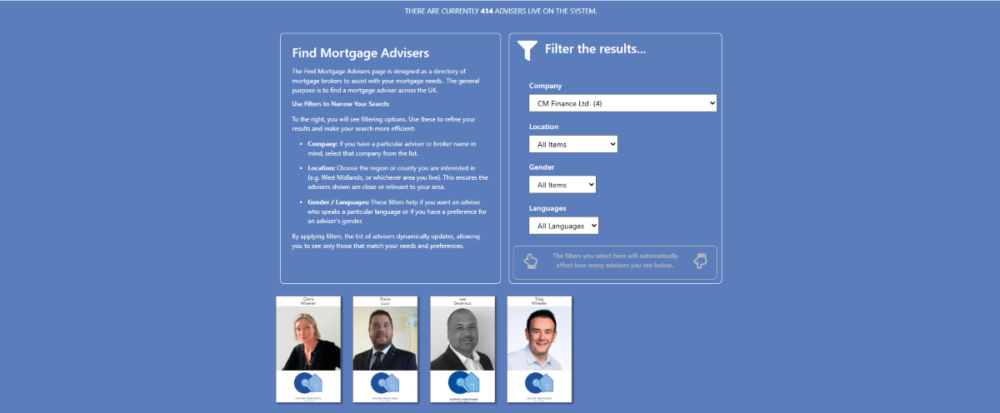 Custom Mortgages and Finance Find Mortgage Advisers page showing the Custom Mortgage and Finance company filter selected, with filter options for location, gender and language, and four Custom Mortgage and Finance Experts adviser profile cards displayed below for Claire Wheeler, Flaviu Luca, Lee Devereux and Toby Wheeler.
