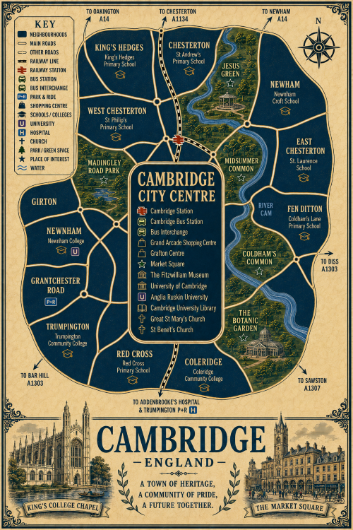 Mortgage Adviser in Cambridge CB1 Vintage illustrated map poster of Cambridge, England, with a cream parchment background and dark navy neighbourhood areas centred on Cambridge City Centre. The map shows labelled roads, railway line, Cambridge Station, Cambridge Bus Station, bus interchange, park and ride, shopping centres, universities, hospital, churches, parks, green spaces and the River Cam. Surrounding areas include King’s Hedges, Chesterton, Newham, East Chesterton, Fen Ditton, Coldham’s Common, Coleridge, Red Cross, Trumpington, Grantchester Road, Newnham and Girton. Key landmarks include Grand Arcade Shopping Centre, Grafton Centre, Market Square, The Fitzwilliam Museum, University of Cambridge, Anglia Ruskin University, Cambridge University Library, Great St Mary’s Church, St Bene’t’s Church, Jesus Green, Midsummer Common and the Botanic Garden. A decorative lower panel reads “CAMBRIDGE, ENGLAND” with engraved-style illustrations of King’s College Chapel and Market Square, plus the subtitle “A town of heritage, a community of pride, a future together.” Mortgage Adviser in Cambridge CB1