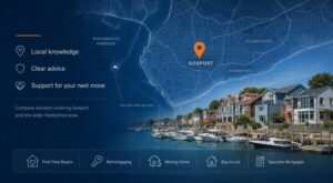 Mortgage Adviser in Gosport PO12 hero image featuring a local Gosport map with location pin, Portsmouth Harbour, marina boats, waterfront homes, and mortgage advice icons.