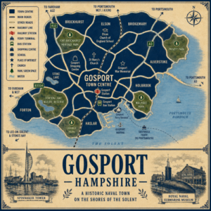 Mortgage Adviser in Gosport PO12 Vintage illustrated map poster of Gosport, Hampshire, with a cream parchment background and dark navy neighbourhood areas centred on Gosport Town Centre. The map shows labelled roads, railway line, Gosport Station, bus station, ferry terminal, marina, parks, green spaces and coastal waters including Portsmouth Harbour and The Solent. Surrounding areas include Brockhurst, Elson, Bridgemary, Alverstoke, Holbrook, Haslar, Forton and Stoke Lake. Key landmarks include Gosport Ferry Terminal, Gosport Marina, Gosport War Memorial, St Mary’s Church, Gosport Shopping Centre, Fort Brockhurst Heritage Park, Forton Lake Nature Reserve, Grange Park, Walpole Park and Privett Park. A decorative lower panel reads “GOSPORT, HAMPSHIRE” with engraved-style illustrations of Spinnaker Tower and the Royal Naval Submarine Museum, plus the subtitle “A historic naval town on the shores of The Solent.”