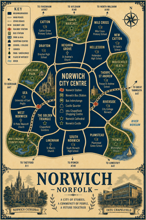 Mortgage Adviser in Norwich NR1 Vintage illustrated map poster of Norwich, Norfolk, with a cream parchment background and dark navy neighbourhood areas centred on Norwich City Centre. The map shows labelled roads, railway lines, Norwich Station, Norwich Bus Station, bus interchange, park and ride, shopping centres, schools, churches, parks, green spaces and the River Wensum. Surrounding areas include Catton, Drayton, Heigham Grove, Hellesdon, Mile Cross, New Catton, Thorpe St Andrew, Riverside, Plumstead, Trowse, South Norwich, Lakenham, West Norwich, UEA and The Golden Triangle. Key landmarks include Norwich Cathedral, Norwich Castle, Castle Quarter, intu Chapelfield Shopping Centre, Chapelfield Gardens, Earlham Park, Mousehold Heath, Thorpe Marshes, Whitlingham Country Park and Whitlingham Broads. A decorative lower panel reads “NORWICH, NORFOLK” with engraved-style illustrations of Norwich Cathedral and intu Chapelfield, plus the subtitle “A city of stories, a community of people, a future together.”