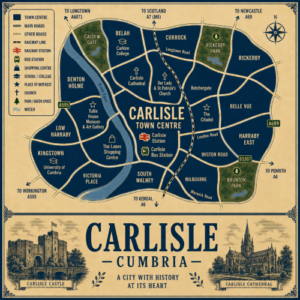 Mortgage Advisor in Carlisle Vintage illustrated map poster of Carlisle, Cumbria, with a cream parchment background and dark navy neighbourhood areas centred on Carlisle Town Centre. The map shows labelled roads, railway line, Carlisle Station, Carlisle Bus Station, shopping areas, schools, churches, parks, green spaces and the River Eden. Surrounding areas include Caldew Gate, Belah, Currock, Rickerby, Belle Vue, Harraby East, Milbourne, South Walney, Victoria Place, Kingstown, Low Harraby and Denton Holme. Key landmarks include Carlisle Cathedral, Carlisle Castle, The Citadel, Tullie House Museum and Art Gallery, The Lanes Shopping Centre, University of Cumbria, Carlisle College, Rickerby Park, Caldew Gate and Brunton Park. A decorative lower panel reads “CARLISLE, CUMBRIA” with engraved-style illustrations of Carlisle Castle and Carlisle Cathedral, plus the subtitle “A city with history at its heart.”