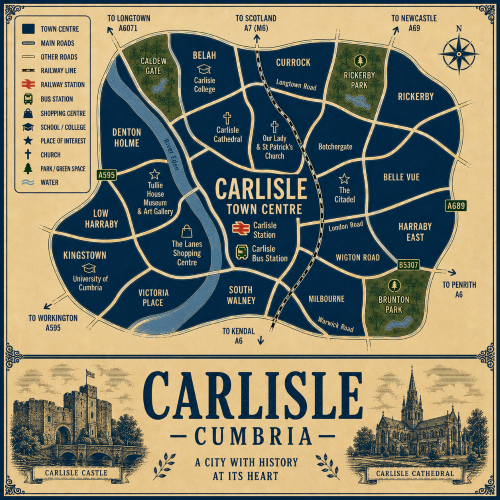 Mortgage Broker in Carlisle Vintage illustrated map poster of Carlisle, Cumbria, with a cream parchment background and dark navy neighbourhood areas centred on Carlisle Town Centre. The map shows labelled roads, railway line, Carlisle Station, Carlisle Bus Station, shopping areas, schools, churches, parks, green spaces and the River Eden. Surrounding areas include Caldew Gate, Belah, Currock, Rickerby, Belle Vue, Harraby East, Milbourne, South Walney, Victoria Place, Kingstown, Low Harraby and Denton Holme. Key landmarks include Carlisle Cathedral, Carlisle Castle, The Citadel, Tullie House Museum and Art Gallery, The Lanes Shopping Centre, University of Cumbria, Carlisle College, Rickerby Park, Caldew Gate and Brunton Park. A decorative lower panel reads “CARLISLE, CUMBRIA” with engraved-style illustrations of Carlisle Castle and Carlisle Cathedral, plus the subtitle “A city with history at its heart.”