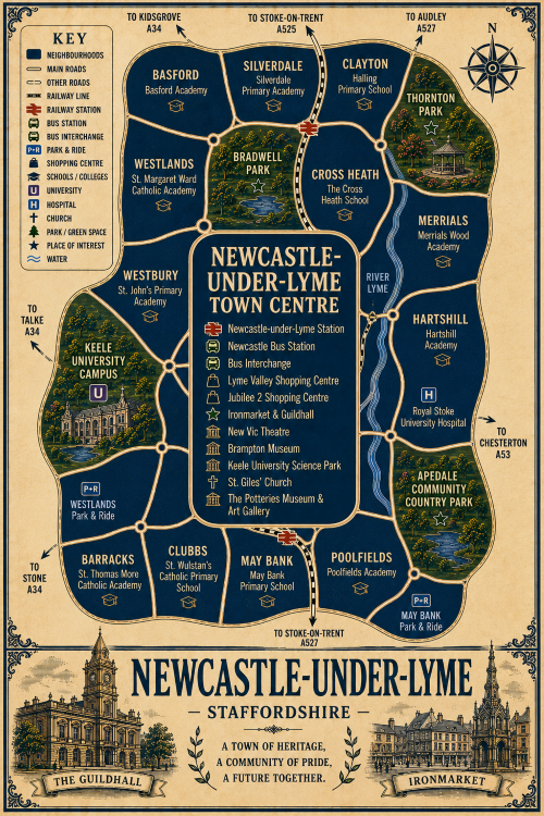 Mortgage Advisor in Newcastle-under-Lyme Vintage illustrated map poster of Newcastle-under-Lyme, Staffordshire, with a cream parchment background and dark navy neighbourhood areas centred on Newcastle-under-Lyme Town Centre. The map shows labelled roads, railway line, Newcastle-under-Lyme Station, Newcastle Bus Station, bus interchange, park and ride, shopping centres, schools, university, hospital, churches, parks, green spaces and the River Lyme. Surrounding areas include Basford, Silverdale, Clayton, Cross Heath, Merrials, Hartshill, Poolfields, May Bank, Clubbs, Barracks, Westbury and Westlands. Key landmarks include Lyme Valley Shopping Centre, Jubilee 2 Shopping Centre, Ironmarket and Guildhall, New Vic Theatre, Brampton Museum, Keele University Campus, Keele University Science Park, Royal Stoke University Hospital, Bradwell Park, Thornton Park and Apedale Community Country Park. A decorative lower panel reads “NEWCASTLE-UNDER-LYME, STAFFORDSHIRE” with engraved-style illustrations of The Guildhall and Ironmarket, plus the subtitle “A town Mortgage Advisor in Newcastle-under-Lyme