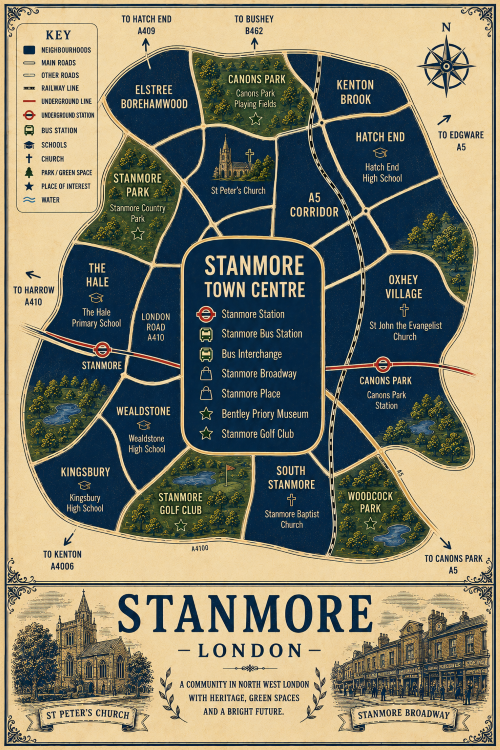 Mortgage Broker Stanmore Vintage illustrated map poster of Stanmore, London, with a cream parchment background and dark navy neighbourhood areas centred on Stanmore Town Centre. The map shows labelled roads, railway line, Underground line, Stanmore Station, Canons Park Station, bus station, schools, churches, parks, green spaces and water features. Surrounding areas include Elstree Borehamwood, Canons Park, Kenton Brook, Hatch End, Oxhey Village, The Hale, Wealdstone, Kingsbury, South Stanmore and the A5 Corridor. Key landmarks include Stanmore Broadway, Stanmore Place, Bentley Priory Museum, Stanmore Golf Club, St Peter’s Church, Stanmore Baptist Church, Stanmore Country Park, Canons Park Playing Fields and Woodcock Park. A decorative lower panel reads “STANMORE, LONDON” with engraved-style illustrations of St Peter’s Church and Stanmore Broadway, plus the subtitle “A community in North West London with heritage, green spaces and a bright future.”
