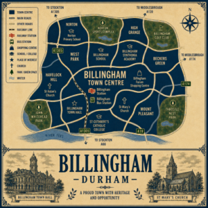 Mortgage Broker in Billingham Vintage illustrated map poster of Billingham, Durham, with a cream parchment background and dark navy neighbourhood areas centred on Billingham Town Centre. The map shows labelled roads, railway line, Billingham Station, Billingham Bus Station, shopping centre, schools, churches, parks, green spaces and the River Tees. Surrounding areas include Norton, West Park, Havelock Hill, High Grange, Beckers Green and Mount Pleasant. Key landmarks include Billingham Town Hall, Billingham Forum Shopping Centre, St Mary’s Church, St Aidan’s Church, Billingham School, Billingham Synthonia Academy, St Cuthbert’s Catholic College, John Whitehead Park, Norton Sports Complex, Billingham Golf Club and Throstle Nest Park. A decorative lower panel reads “BILLINGHAM, DURHAM” with engraved-style illustrations of Billingham Town Hall and St Mary’s Church, plus the subtitle “A proud town with heritage and opportunity.”