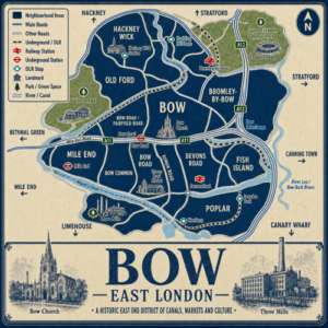 Mortgage Broker in Bow Vintage illustrated map poster of Bow, East London, showing Bow at the centre with surrounding areas including Mile End, Old Ford, Hackney Wick, Bromley-by-Bow, Fish Island, Poplar, Stratford, Limehouse and Victoria Park. The map uses a cream parchment background, dark navy neighbourhood blocks, blue roads, rail and DLR lines, green park areas, canal features and landmark icons for Bow Church, Roman Road Market, Three Mills, London Stadium and Queen Elizabeth Olympic Park. A decorative bottom title panel reads “BOW, EAST LONDON” with engraved-style illustrations of Bow Church and Three Mills.