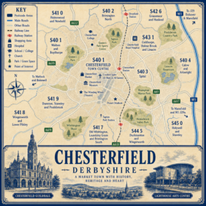 Mortgage Broker in Chesterfield Illustrated blue and cream vintage-style map poster of Chesterfield, Derbyshire, showing postcode areas including S40 Chesterfield Town Centre, Walton and Boythorpe, Spital, Calow and Arkwright, S41 Dunston, Staveley, Old Whittington and Brimington, S42 Grassmoor and Hasland, S43 Cutthorpe, Holme Brook and Linacre, S44 Duckmanton and Wingerworth, and S45 Holywell and Staveley. The map includes major roads such as the M1, A61, A617, A619 and A632, railway lines, Chesterfield and Dronfield stations, parks and green spaces, and landmarks including Chesterfield Market, Chesterfield Museum, the Crooked Spire at St Mary and All Saints, The Winding Wheel, Chesterfield College, Chesterfield Royal Hospital, Queen’s Park, Tapton Park, Proact Stadium, Linacre Reservoirs and Poolsbrook Country Park. A large title panel at the bottom reads “CHESTERFIELD DERBYSHIRE” with decorative illustrations of Chesterfield Guildhall, a countryside scene and Lighthouse Arts Centre.