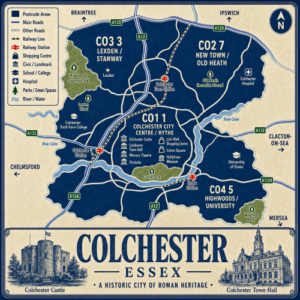 Mortgage Broker in Colchester CO1 Illustrated blue and cream vintage-style map poster of Colchester, Essex, showing postcode areas including CO1 Colchester City Centre and Hythe, CO2 New Town and Old Heath, CO3 Lexden and Stanway, and CO4 Highwoods and University. The map includes major roads such as the A12, A120, A133, A134 and A1124, railway lines, Colchester, Colchester Town and Hythe stations, the River Colne, Castle Park, Highwoods Country Park, Lexden Wood, Old Heath Recreation Ground and Wivenhoe Park. Landmarks include Colchester Castle, Colchester Town Hall, Mercury Theatre, Firstsite, Hollytrees Museum, Lion Walk Shopping Centre, Culver Square, Colchester Sixth Form College, Colchester Hospital and the University of Essex. A large title panel at the bottom reads “COLCHESTER ESSEX” with decorative illustrations of Colchester Castle and Colchester Town Hall.
