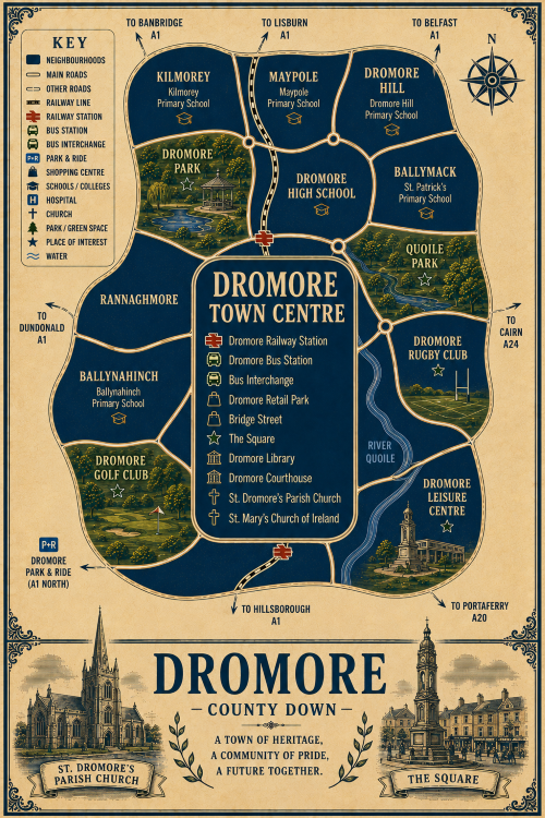 Mortgage Broker in Dromore Vintage illustrated map poster of Dromore, County Down, with a cream parchment background and dark navy neighbourhood areas centred on Dromore Town Centre. The map shows labelled roads, railway line, Dromore Railway Station, Dromore Bus Station, bus interchange, park and ride, shopping centre, schools, hospital, churches, parks, green spaces and the River Quoile. Surrounding areas include Kilmorey, Maypole, Dromore Hill, Ballymack, Rannaghmore, Ballynahinch and Dromore High School. Key landmarks include Dromore Park, Quoile Park, Dromore Rugby Club, Dromore Golf Club, Dromore Leisure Centre, Dromore Library, Dromore Courthouse, The Square, St Dromore’s Parish Church and St Mary’s Church of Ireland. A decorative lower panel reads “DROMORE, COUNTY DOWN” with engraved-style illustrations of St Dromore’s Parish Church and The Square, plus the subtitle “A town of heritage, a community of pride, a future together.” Mortgage Broker in Dromore