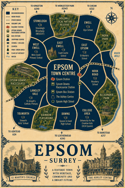 Mortgage Broker in Epsom Vintage illustrated map poster of Epsom, Surrey, with a cream parchment background and dark navy neighbourhood areas centred on Epsom Town Centre. The map shows labelled roads, railway line, Epsom Station, Epsom Downs Racecourse Station, bus station, shopping centre, schools, churches, parks, green spaces and the River Mole. Surrounding areas include Stoneleigh, West Ewell, East Ewell, Ewell, East Epsom, Hook Road, College Area, Downs, Langley Vale and Tolworth. Key landmarks include Epsom Downs Racecourse, The Ashley Centre, Epsom High Street, St Martin’s Church, Ewell Castle School, Hogsmill Local Nature Reserve, Nork Park, Alexandra Park and The Rainbow Playground. A decorative lower panel reads “EPSOM, SURREY” with engraved-style illustrations of St Martin’s Church and The Ashley Centre, plus the subtitle “A historic town with heritage, community and a bright future.”