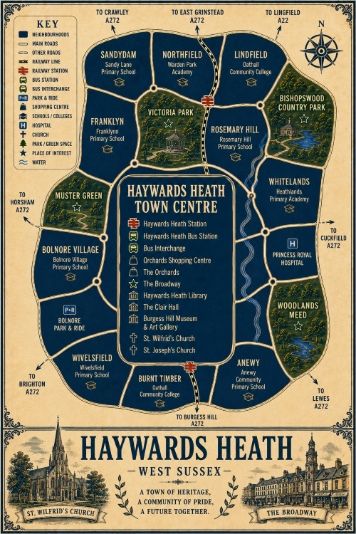 Mortgage Broker in Haywards Heath Vintage illustrated map poster of Haywards Heath, West Sussex, with a cream parchment background and dark navy neighbourhood areas centred on Haywards Heath Town Centre. The map shows labelled roads, railway line, Haywards Heath Station, bus station, bus interchange, park and ride, shopping centre, schools, hospital, churches, parks, green spaces and water features. Surrounding areas include Sandydam, Northfield, Lindfield, Rosemary Hill, Whitelands, Franklyn, Muster Green, Bolnore Village, Wivelsfield, Burnt Timber and Anewy. Key landmarks include Orchards Shopping Centre, The Orchards, The Broadway, Haywards Heath Library, The Clair Hall, Princess Royal Hospital, St Wilfrid’s Church, St Joseph’s Church, Victoria Park, Muster Green, Bishop’s Wood Country Park and Woodlands Meed. A decorative lower panel reads “HAYWARDS HEATH, WEST SUSSEX” with engraved-style illustrations of St Wilfrid’s Church and The Broadway, plus the subtitle “A town of heritage, a community of pride, a future together.” Mortgage Broker in Haywards Heath