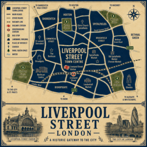 Mortgage Broker in Liverpool Street Vintage illustrated map poster of Liverpool Street, London, with a cream parchment background and dark navy neighbourhood blocks centred on Liverpool Street Town Centre. The map shows labelled roads, railway lines, Liverpool Street Station, Liverpool Street Underground station, bus stops, churches, parks and surrounding City and East London areas. Nearby areas and landmarks include Shoreditch, Hoxton, Spitalfields, Bishopsgate, Broadgate, Commercial Street, Brick Lane, Spitalfields Market, Old Spitalfields Market, Leadenhall Market, The Gherkin, Barbican Centre, Finsbury Circus Gardens, Hoxton Square, Allen Gardens and Christ Church Spitalfields. A decorative lower panel reads “LIVERPOOL STREET, LONDON” with engraved-style illustrations of Liverpool Street Station and the City of London, plus the subtitle “A historic gateway to the city.”