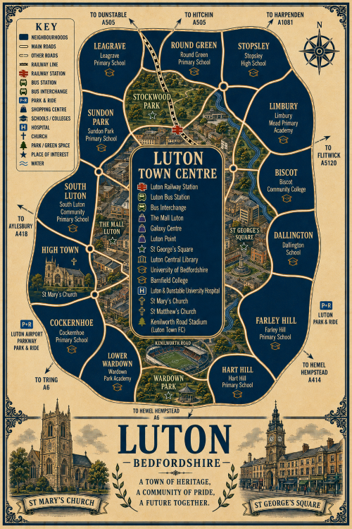 Mortgage Broker in Luton Vintage illustrated map poster of Luton, Bedfordshire, with a cream parchment background and dark navy neighbourhood areas centred on Luton Town Centre. The map shows labelled roads, railway line, Luton Railway Station, Luton Bus Station, bus interchange, park and ride, shopping centres, schools, colleges, university, hospital, churches, parks, green spaces and water features. Surrounding areas include Leagrave, Round Green, Stopsley, Limbury, Biscot, Dallington, Farley Hill, Hart Hill, Lower Wardown, Cockernhoe, High Town, South Luton and Sundon Park. Key landmarks include The Mall Luton, Galaxy Centre, Luton Point, St George’s Square, Luton Central Library, University of Bedfordshire, Barnfield College, Luton and Dunstable University Hospital, St Mary’s Church, St Matthew’s Church, Kenilworth Road Stadium, Stockwood Park and Wardown Park. A decorative lower panel reads “LUTON, BEDFORDSHIRE” with engraved-style illustrations of St Mary’s Church and St George’s Square, plus the subtitle “A town of heritage, a community of pride, a future together.” Mortgage Broker in Luton