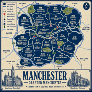 Mortgage Broker in Manchester Illustrated blue and cream vintage-style map poster of Manchester, Greater Manchester, showing postcode areas including M1 City Centre South and Piccadilly, M2 Civic Quarter and Deansgate North, M3 Castlefield and Salford Edge, M4 Northern Quarter and Ancoats, M8 Cheetham Hill and Crumpsall Edge, M9 Blackley and Harpurhey, M11 Eastlands and Clayton, M12 Ardwick, M13 Universities and Brunswick, M14 Rusholme and Fallowfield, M15 Hulme and Oxford Road, M16 Old Trafford and Whalley Range, M18 Gorton, M19 Levenshulme and Burnage, M20 Didsbury, M21 Chorlton-cum-Hardy, M22 Wythenshawe and Northenden, and M23 Northern Moor and Baguley. The map includes major roads such as the M60, M62, M56, A6, A34, A56, A57 and A5103, railway lines, Metrolink stops, rivers and green spaces including Heaton Park, Alexandra Park, Piccadilly Gardens, Whitworth Park, Platt Fields Park, Fletcher Moss Park and Chorlton Water Park. Landmarks include Manchester Town Hall, Manchester Cathedral, AO Arena, Arndale, University of Manchester, Manchester Metropolitan University, Whitworth Art Gallery, Etihad Stadium and Old Trafford Stadium. A large title panel at the bottom reads “MANCHESTER GREATER MANCHESTER” with decorative illustrations of Manchester Town Hall and Manchester Cathedral.