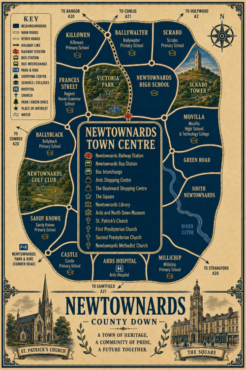 Mortgage Broker in Newtownards Vintage illustrated map poster of Newtownards, County Down, with a cream parchment background and dark navy neighbourhood areas centred on Newtownards Town Centre. The map shows labelled roads, railway line, Newtownards Railway Station, Newtownards Bus Station, bus interchange, park and ride, shopping centres, schools, hospital, churches, parks, green spaces and a waterway labelled River Clyde. Surrounding areas include Killowen, Ballywalter, Scrabo, Frances Street, Ballyblack, Sandy Knowe, Castle, Movilla, Green Road, South Newtownards and Millichip. Key landmarks include Ards Shopping Centre, The Boulevard Shopping Centre, The Square, Newtownards Library, Ards and North Down Museum, Ards Hospital, Victoria Park, Newtownards Golf Club, Scrabo Tower, St Patrick’s Church, First Presbyterian Church, Second Presbyterian Church and Newtownards Methodist Church. A decorative lower panel reads “NEWTOWNARDS, COUNTY DOWN” with engraved-style illustrations. Mortgage Broker in Newtownards