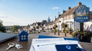 Mortgage Broker in Ongar CM5 with local Essex homes, house keys and mortgage application documents.