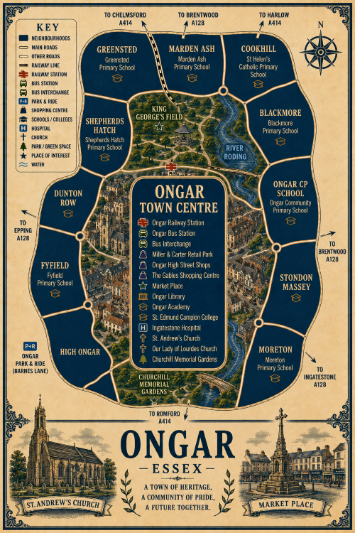 Mortgage Broker in Ongar Vintage illustrated map poster of Ongar, Essex, with a cream parchment background and dark navy neighbourhood areas centred on Ongar Town Centre. The map shows labelled roads, railway line, Ongar Railway Station, Ongar Bus Station, bus interchange, park and ride, shopping areas, schools, hospital, churches, parks, green spaces and the River Roding. Surrounding areas include Greensted, Marden Ash, Cookhill, Blackmore, Ongar CP School, Stondon Massey, Moreton, High Ongar, Fyfield, Dunton Row and Shepherds Hatch. Key landmarks include Ongar High Street Shops, Miller and Carter Retail Park, The Gables Shopping Centre, Market Place, Ongar Library, Ongar Academy, St Edmund Campion College, St Andrew’s Church, Our Lady of Lourdes Church, King George’s Field and Churchill Memorial Gardens. A decorative lower panel reads “ONGAR, ESSEX” with engraved-style illustrations of St Andrew’s Church and Market Place, plus the subtitle “A town of heritage, a community of pride, a future together.” Mortgage Broker in Ongar
