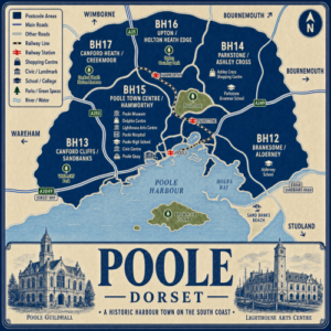 Mortgage Broker in Poole Illustrated blue and cream vintage-style map poster of Poole, Dorset, showing postcode areas including BH12 Branksome and Alderney, BH13 Canford Cliffs and Sandbanks, BH14 Parkstone and Ashley Cross, BH15 Poole Town Centre and Hamworthy, BH16 Upton and Holton Heath Edge, and BH17 Canford Heath and Creekmoor. The map includes Poole Harbour, Holes Bay, Brownsea Island, Sandbanks Beach, major roads such as the A35, A349, A350 and A3049, railway lines, Poole, Parkstone and Hamworthy stations, and green spaces including Poole Park, Upton Country Park, Canford Heath Nature Reserve and Whitecliff Park. Landmarks include Poole Museum, Dolphin Centre, Lighthouse Arts Centre, Poole Hospital, Poole High School, Poole Quay, Ashley Cross Shopping Centre and Parkstone Grammar School. The title panel at the bottom reads “POOLE DORSET” with decorative illustrations of Poole Guildhall and Lighthouse Arts Centre.