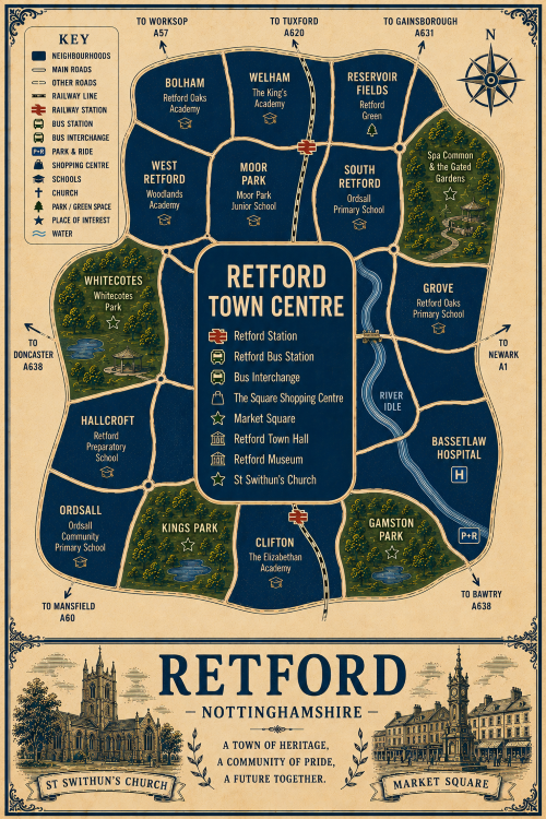Mortgage Broker in Retford Vintage illustrated map poster of Retford, Nottinghamshire, with a cream parchment background and dark navy neighbourhood areas centred on Retford Town Centre. The map shows labelled roads, railway line, Retford Station, Retford Bus Station, bus interchange, park and ride, shopping centre, schools, hospital, churches, parks, green spaces and the River Idle. Surrounding areas include Bolham, Welham, Reservoir Fields, West Retford, Moor Park, South Retford, Grove, Hallcroft, Ordsall, Kings Park, Clifton and Gamston Park. Key landmarks include The Square Shopping Centre, Market Square, Retford Town Hall, Retford Museum, St Swithun’s Church, Bassetlaw Hospital, Spa Common and the Gated Gardens, Whitecotes Park, Kings Park and Gamston Park. A decorative lower panel reads “RETFORD, NOTTINGHAMSHIRE” with engraved-style illustrations of St Swithun’s Church and Market Square, plus the subtitle “A town of heritage, a community of pride, a future together.” Mortgage Broker in Retford
