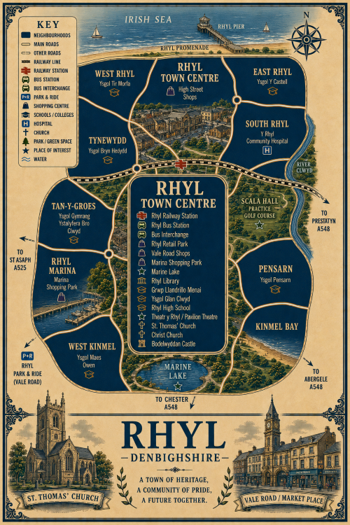 Mortgage Broker in Rhyl Vintage illustrated map poster of Rhyl, Denbighshire, designed for a Mortgage Broker in Rhyl, with a cream parchment background and dark navy neighbourhood areas centred on Rhyl Town Centre. The map shows labelled roads, railway line, Rhyl Railway Station, Rhyl Bus Station, bus interchange, park and ride, shopping areas, schools, hospital, churches, parks, water features, marina and the Irish Sea coastline. Surrounding areas include West Rhyl, East Rhyl, South Rhyl, Tynewydd, Tan-y-Groes, Rhyl Marina, West Kinmel, Pensarn and Kinmel Bay. Key landmarks include Rhyl Promenade, Rhyl Pier, High Street shops, Vale Road shops, Marina Lake, Rhyl Library, Theatre Rhyl, Pavilion Theatre, St Thomas’ Church, Christ Church, Bodelwyddan Castle and Vale Road Market Place. A decorative lower panel reads “RHYL, DENBIGHSHIRE” with engraved-style illustrations of St Thomas’ Church and Vale Road Market Place, plus the subtitle “A town of heritage, a community of pride, a future together.”