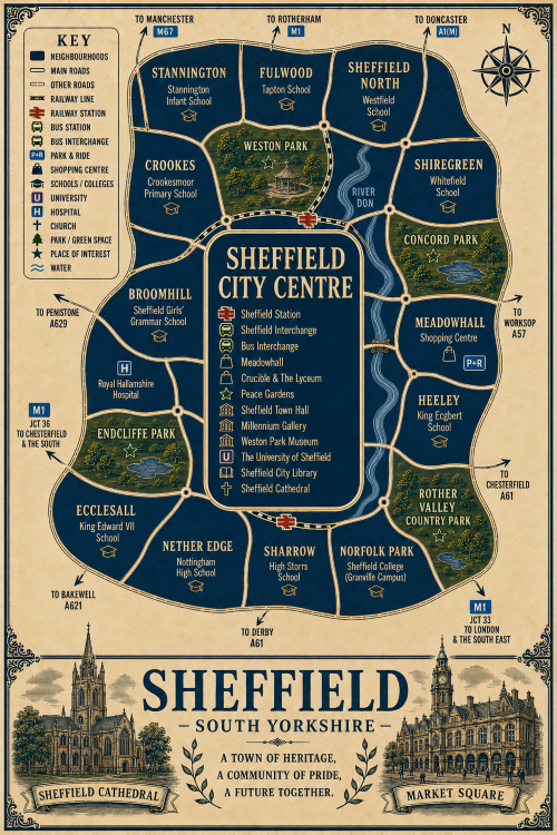 Mortgage Broker in Sheffield Vintage illustrated map poster of Sheffield, South Yorkshire, with a cream parchment background and dark navy neighbourhood areas centred on Sheffield City Centre. The map shows labelled roads, railway lines, Sheffield Station, Sheffield Interchange, bus interchange, park and ride, shopping centres, schools, universities, hospital, churches, parks, green spaces and the River Don. Surrounding areas include Stannington, Fulwood, Sheffield North, Shiregreen, Meadowhall, Heeley, Norfolk Park, Sharrow, Nether Edge, Ecclesall, Broomhill and Crookes. Key landmarks include Meadowhall, Crucible and Lyceum theatres, Peace Gardens, Sheffield Town Hall, Millennium Gallery, Weston Park Museum, University of Sheffield, Sheffield City Library, Sheffield Cathedral, Weston Park, Endcliffe Park, Concord Park and Rother Valley Country Park. A decorative lower panel reads “SHEFFIELD, SOUTH YORKSHIRE” with engraved-style illustrations of Sheffield Cathedral and Market Square, plus the subtitle “A town of heritage, a community of pride, a future together.” Mortgage Broker in Sheffield