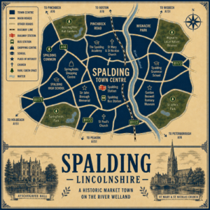 Mortgage Broker in Spalding Vintage illustrated map poster of Spalding, Lincolnshire, with a cream parchment background and dark navy neighbourhood areas centred on Spalding Town Centre. The map shows labelled roads, railway line, Spalding Station, bus station, schools, churches, shopping areas, parks, green spaces and the River Welland. Surrounding areas include Pinchbeck Road, Wignacre Park, Spalding Common, Springfields Park and St John’s Park. Key landmarks include Springfields Shopping Centre, Ayscoughfee Hall Gardens, The Spalding Academy, Spalding Grammar School, Sir John Borrough Memorial, Gordon Boswell Romany Museum, St Paul’s Church and St Mary & St Nicolas Church. A decorative lower panel reads “SPALDING, LINCOLNSHIRE” with engraved-style illustrations of Ayscoughfee Hall and St Mary & St Nicolas Church, plus the subtitle “A historic market town on the River Welland.”