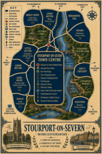 Vintage illustrated map poster of Stourport-on-Severn, Worcestershire, with a cream parchment background and dark navy neighbourhood areas centred on Stourport-on-Severn Town Centre. The map shows labelled roads, railway line, Stourport-on-Severn Railway Station, Stourport Bus Station, bus interchange, park and ride, shopping centres, schools, hospital, churches, parks, green spaces and the River Severn. Surrounding areas include Areley Kings, Upper Mitton, Bridgnorth End, Wilden, Gray’s Crescent, Newtown, Dunley, Lions Green, Lower Mitton, Little Sutton and Victoria Park. Key landmarks include The Riverside, Stourport Marina, Stourport Country Park, Victoria Park, Stourport Library, Stourport College, Severn Fields Community Hospital, St Bartholomew’s Church, St Wulstan’s Catholic Church and Stourport Riverside Walks. A decorative lower panel reads “STOURPORT-ON-SEVERN, WORCESTERSHIRE” with engraved-style illustrations of St Bartholomew’s Church and The Riverside, plus the subtitle “A town of heritage, a community of pride, a future together.” Mortgage Broker in Stourport-On-Severn