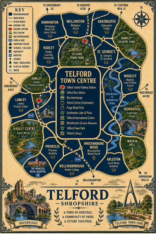 Mortgage Broker in Telford Vintage illustrated map poster of Telford, Shropshire, with a cream parchment background and dark navy neighbourhood areas centred on Telford Town Centre. The map shows labelled roads, railway line, Telford Central Station, Telford Bus Station, bus interchange, park and ride, shopping centre, schools, hospital, churches, parks, green spaces and water features. Surrounding areas include The Wrekin, Wellington, Hadley, Dawley, Madeley, Lawley, Donnington, Priorslee, Drayton, St Georges Park, Stirchley, Brookside and Hollinswood. Key landmarks include Telford Centre, Southwater One, Southwater Square, Telford Library, The Ironbridge Gorge Museum Trust, Holy Trinity Church, Dawley Country Park, Central Park, Wrekin Forest and St George’s Park. A decorative lower panel reads “TELFORD, SHROPSHIRE” with engraved-style illustrations of Holy Trinity Church and Market Square, plus the subtitle “A town of heritage, a community of pride, a future together.” Mortgage Broker in Telford