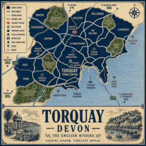 Mortgage Broker in Torquay Vintage illustrated map poster of Torquay, Devon, with a cream parchment background and dark navy neighbourhood areas centred on Torquay Town Centre. The map shows labelled roads, railway line, Torquay Station, bus station, beaches, parks, green spaces, harbour and coastal waters. Surrounding areas include Barton, Cockington, Shiphay, Chelston, Wellswood, Livermead, St Marychurch, The Willows, Hele, Torre and Torquay Seafront. Key landmarks include Torquay Harbour, Torquay Harbourside, Torquay Museum, Princess Theatre, Torbay Hospital, Abbey Park, Cockington Country Park, King’s Ash Park, Torre Abbey Meadows, Meadfoot Beach, Corbyn Beach and Torre Abbey Sands. A decorative lower panel reads “TORQUAY, DEVON” with engraved-style seaside illustrations, plus the subtitle “The English Riviera, coastal charm, timeless appeal.”