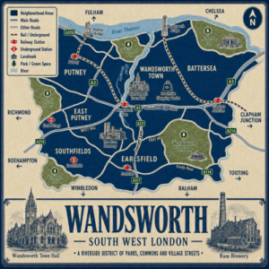 Mortgage Broker in Wandsworth Vintage illustrated map poster of Wandsworth, South West London, with Wandsworth Town at the centre and surrounding areas including Putney, East Putney, Southfields, Earlsfield, Battersea and Clapham Junction. The map uses a cream parchment background with dark navy neighbourhood blocks, pale blue rivers, green parks and commons, and labelled transport links including Putney, Wandsworth Town, Earlsfield, East Putney and Southfields stations. Landmarks shown include Wandsworth Town Hall, Southside Shopping Centre, Wandsworth Park, Battersea Park, Wandsworth Common and the Ram Brewery. A decorative bottom panel reads “WANDSWORTH, SOUTH WEST LONDON” and features engraved-style illustrations of Wandsworth Town Hall and the Ram Brewery.